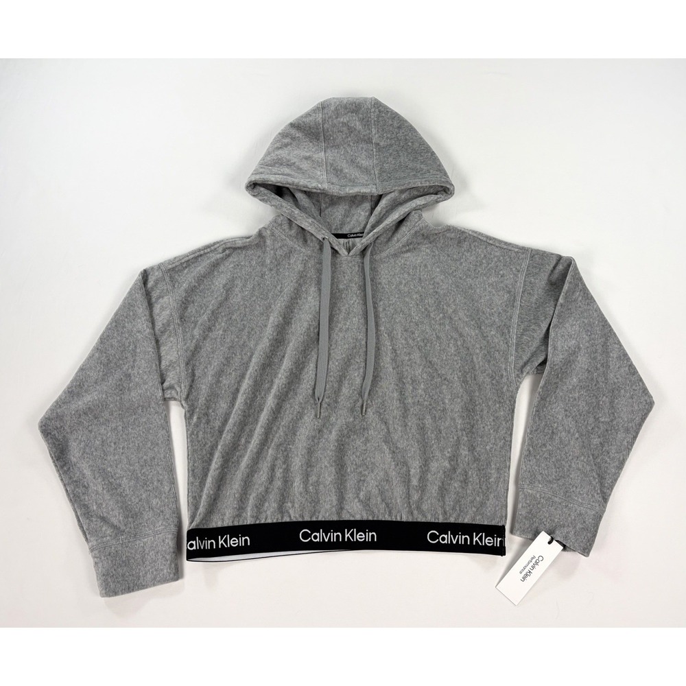 Calvin Klein Performance Gray Velour Cropped Hoodie Logo Hem Women's Large New